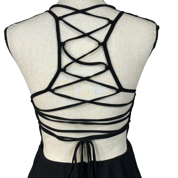 Lulus Medium Mini Fit 'n Flare Dress Tie Ladder Racerback Lined Black - Picture 6 of 10